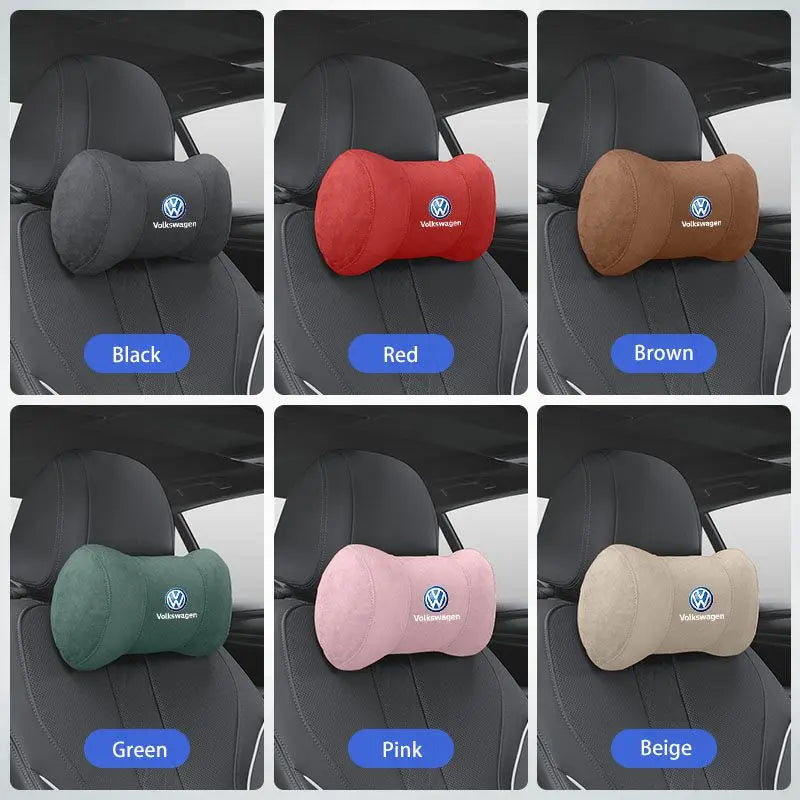 Car Suede Headrest Seat Neck Pillow Head Support For VW Tiguan Arteon Taigo Caddy CC e-up! Golf Polo Passat Amarok Transporter