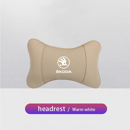 1Pcs Leather Car Interior Seat Headrest Neck Pillow For Skoda Octavia Kodiaq Karoq Superb Rapid Yeti Scala Kamiq Vision RS Fabia