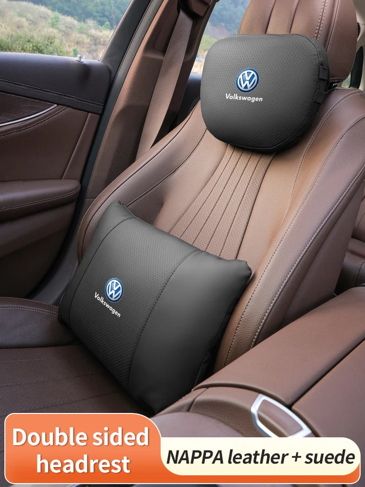 For Volkswagen Golf Passat Touareg Magotan Tiguan Touran Car Suede Leather Headrest Neck Support Seat Lumbar Cushion Neck Pillow